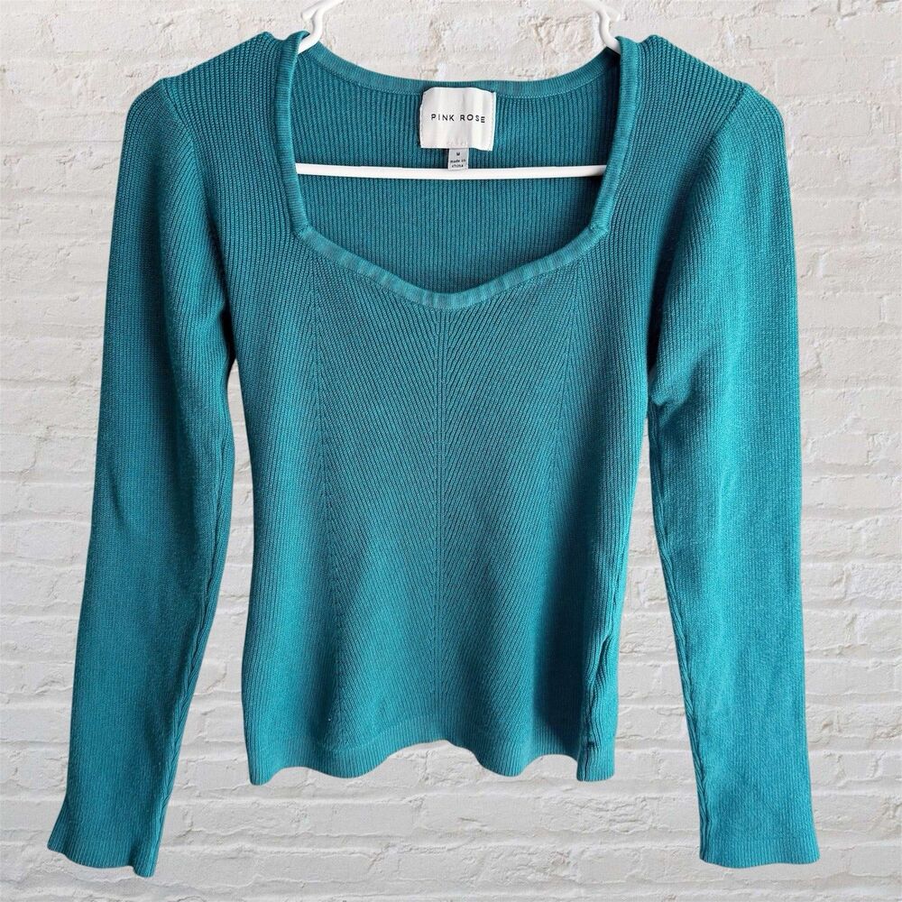 Women's Teal Green Ribbed Knit Fitted Sweater Top Square Sweetheart Neck M Med